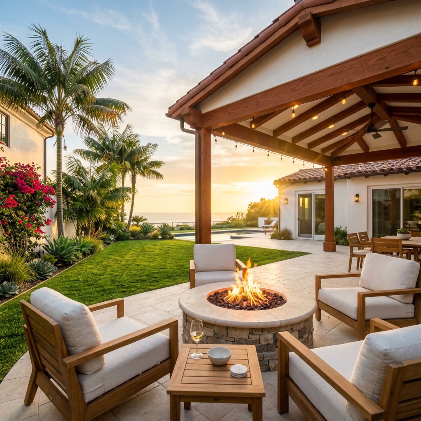 Luxury San Diego backyard with a covered pergola, fire pit, and ocean view