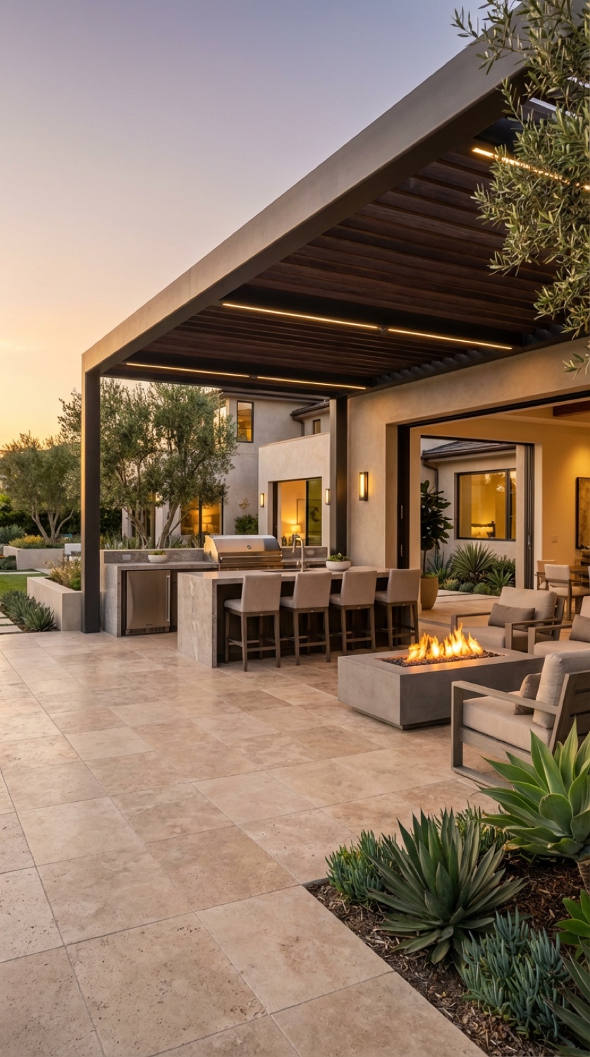 Luxury San Diego backyard at dusk with a covered pergola, travertine patio, outdoor kitchen, and a fire-pit lounge
